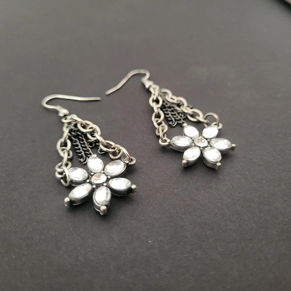 Crystal Rhinestone Dangle Flower Bling Earrings Clear Stone Gem Jewels Jewelry